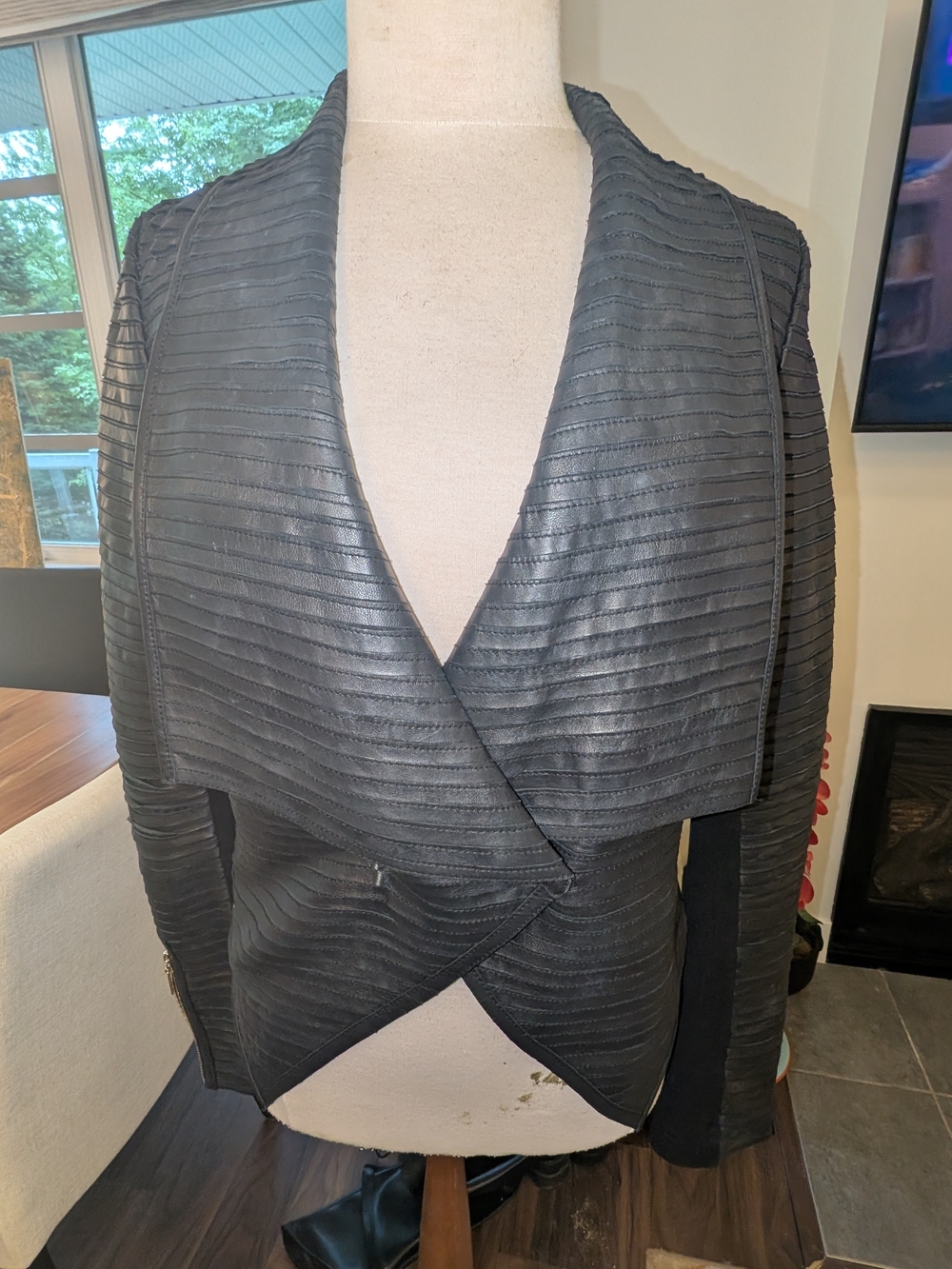 Guess by Marciano Black Textured Draped Leather Jacket